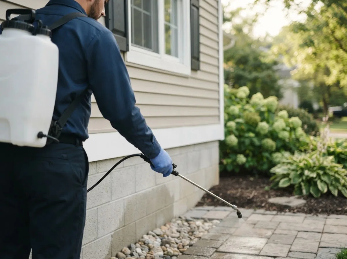 Pest control technician inspecting a home in Bushnell, NE